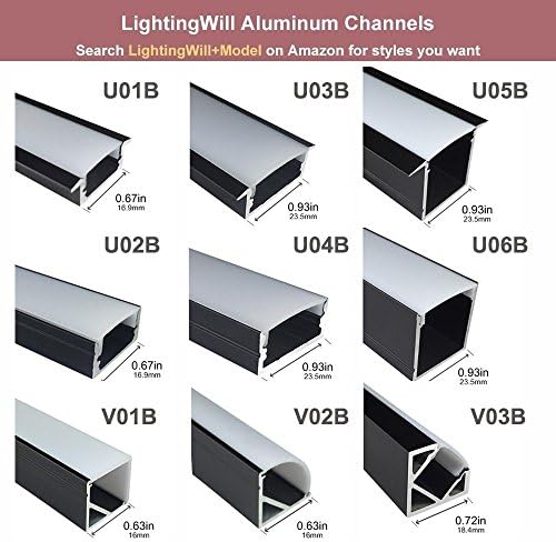 LightingWill Безупречен U-образна led алуминиев канал 6,6 фута / 2 м 25 опаковки (164 ft / 50 m) 24x24 мм Черната пътека