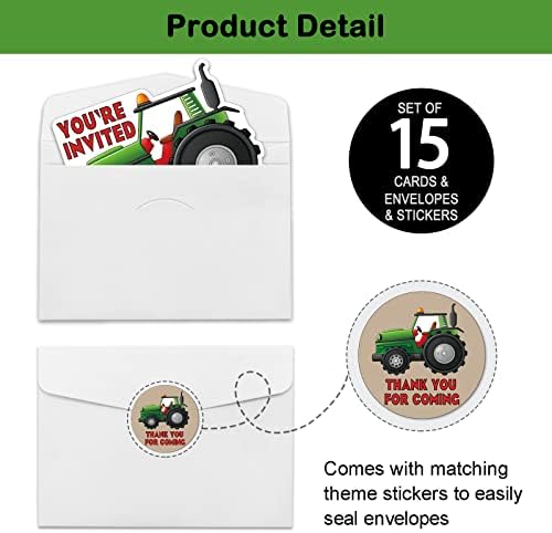 Покани за парти на трактора REWIDPARTY с Конвертами и стикери (Комплект от 15 броя), Зелени Покани под формата