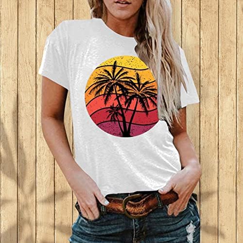 Женска Тениска с къс ръкав, Графична Тениска С Принтом Палми, Дамски Летни Плажни Върхове, Хавайски Ризи С кръгло деколте