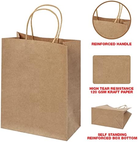 Торбички от крафт хартия ECOptimize с дръжки, 400 БР, кафяви 10 x 5 x 13 - Екологично Чисти, безопасни за храни и годни