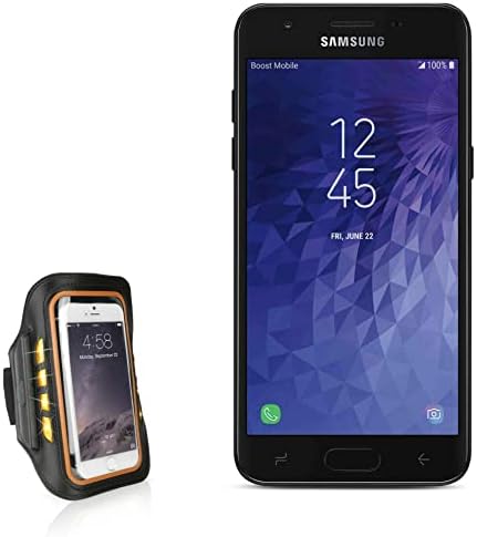 Калъф BoxWave за Samsung Galaxy J3 V 3rd Gen (калъф от BoxWave) - Спортна превръзка JogBrite, Нарукавная превръзка от неопрен за Samsung Galaxy J3 V 3rd Gen с led подсветка за по-добра видимост - Ярко-оран