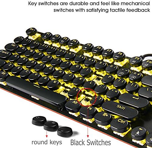 Пишеща Машина ACGAM USB, Ретро Ръчна Детска Клавиатура с Черен Ключ, Led Светлини, 104 Кръгли Клавишите със защита от отблясъците, Реколта Клавиатура, USB-пишещи машини