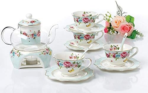 Чай Jusalpha от фин Порцелан серия Flower - Комплект чаени чаши с Блюдцем и Лъжица, Нагревател за Кана и Филтър, 16 бр. в 1 комплект (комплект стъклени съдове FDMM 04)