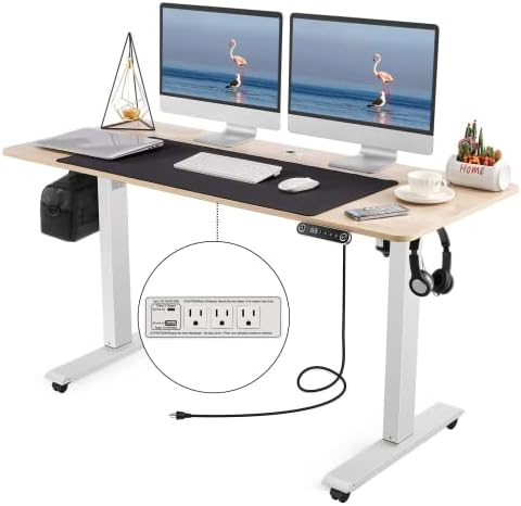 Електрически бюро farexon, маса-стойка с регулируема височина 59 x 24 инча, 2 USB порта, 3 розетки за хранене и 4 запирающимися