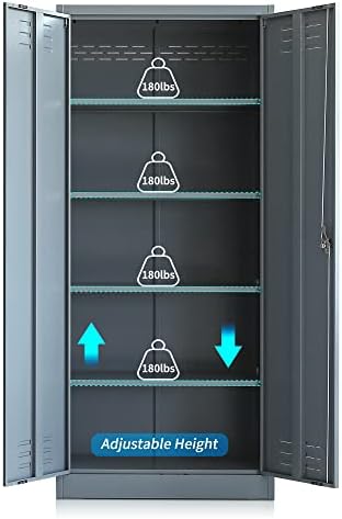 Метален шкаф за съхранение на Wanfu, Стоманени шкафове за съхранение на височина 71 инча с запирающимися врати и регулируеми рафтове за Гараж, офис, дом (Сив)