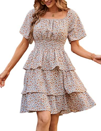 Жена лятно къса рокля 2023, мини-рокля с цветен модел, с къс ръкав, много рокли-люлка в стил бохо с рюшами