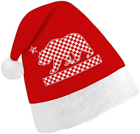 Коледна Шапка с Флага на Калифорнийския Чекера и Мечка, Шапки на Дядо Коледа, Къси Плюшени Шапки с Бели Ръкавели