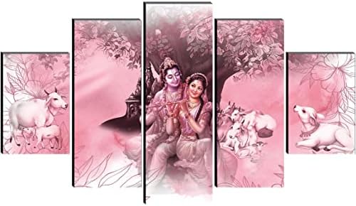 SAF Комплект от 5 Радха Кришна с крава Религиозно съвременно изкуство Домашна декоративни стенни Живопис 30 инча x 18 инча