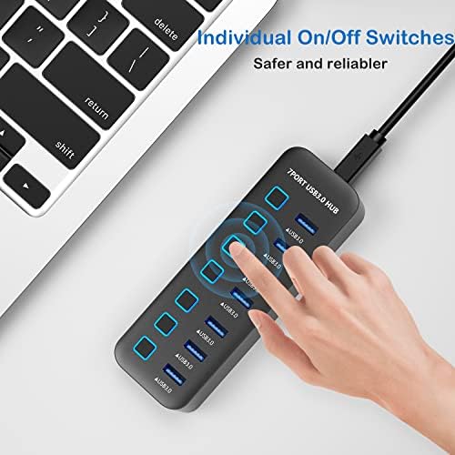 ONFINIO USB Хъб 3.0 с 7 порта, Сплитер USB концентратор на данни с led Индивидуални ключове за включване/изключване и осветление, Високоскоростен удължител USB порт 5 Gbit/s за MacBoo
