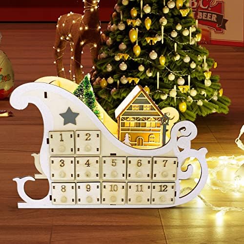 KingHtao Дървена Коледен Адвент-Календар Шейни Празнична Украса - Коледен за Обратно Броене 24 Кутия с led фон на батерии (Дърво)