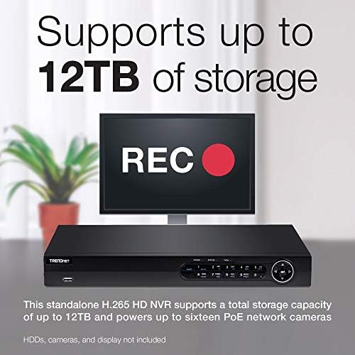 TRENDnet 16-канален видеорекордер H. 264/H. 265 PoE +, резолюция 1080p HD, памет до 12 TB (твърди дискове в комплекта не са включени), поддържа един канал 4K камера, 16 порта PoE +, бюджета за