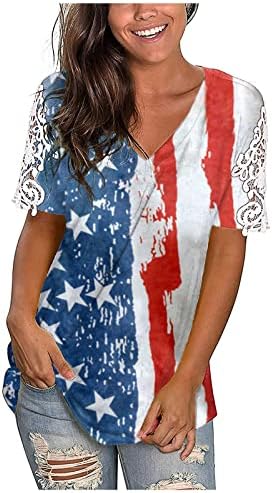 Върховете на Деня на Независимостта 2023, Дамски Дантелени Ризи С Принтом на Американското, Ежедневни Тениски С Къс
