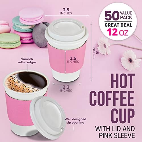 Fit Meal Подготвям [50 опаковки] Бели чаши за Кафе с куполообразными капаци и розови белезници - за Еднократна употреба Хартиени