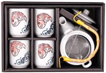 Колекция Hinomaru Японската Риба Тай Червен Лукиан Дизайнерски Керамичен Чайник и 4 Чаша Чай Азиатски Начало Декор