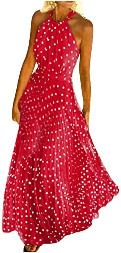 Жена Макси рокля в стил Бохо с Принтом Полка точки, Без Ръкави, С Отворена Талия, Ежедневното Плиссированное Дълга Рокля-Люлка