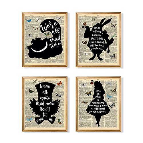 Cheshire cat Котка Лудия Шапкар Бял Заек - Стенен Арт декор Алиса в Страната на чудесата - Печат на плакат с Вдъхновяващи