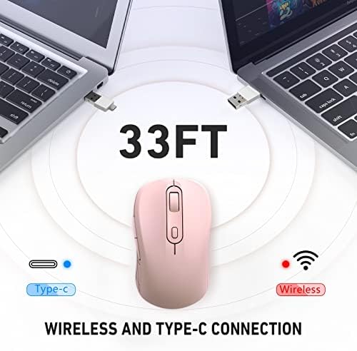 Безжична мишка Unipows Type C - Ергономична двухрежимная мишка 2.4ghz с приемник на 2 в 1 (Nano USB A и Type C) за КОМПЮТРИ, лаптопи, компютри MacBook и всички устройства с USB C (розова)