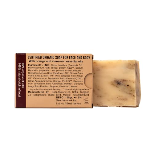 Soap Factory - Органичен сапун с портокал и канела, Естествена Отшелушивающее сапун за лице и тяло, Натурално Почистващо средство за лице, Сертифицирано Органично, Веган?