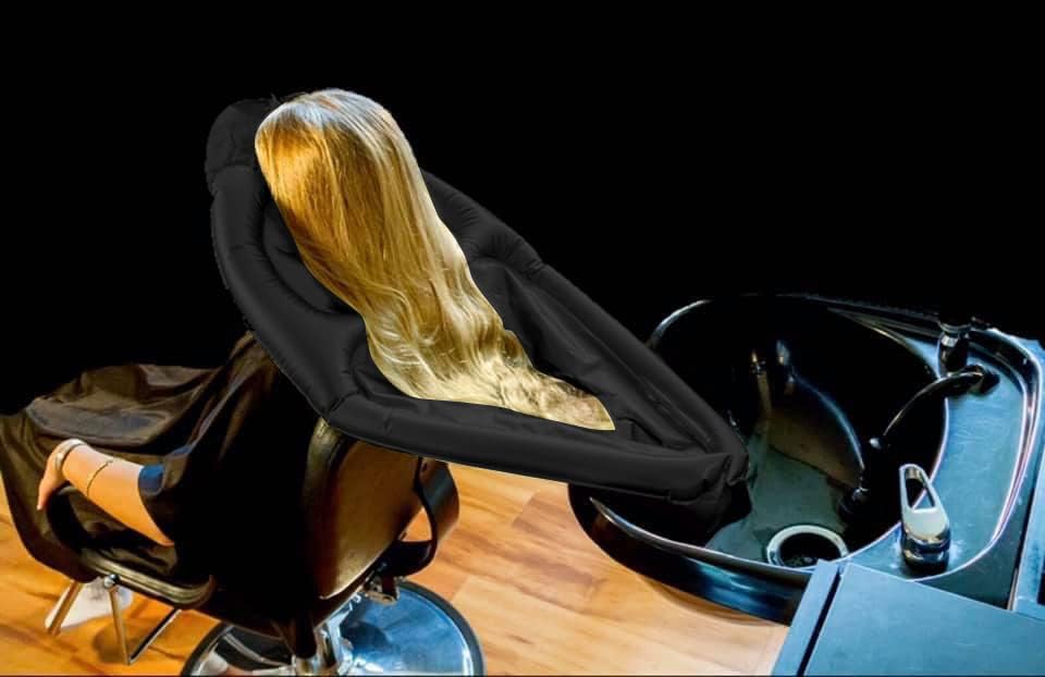 Надуваема наметало-фуния за шампоан за Измиване на косата в някакъв стол и таза. Черен преносим тава за използване в салон за красота, дом, старчески дом или болница