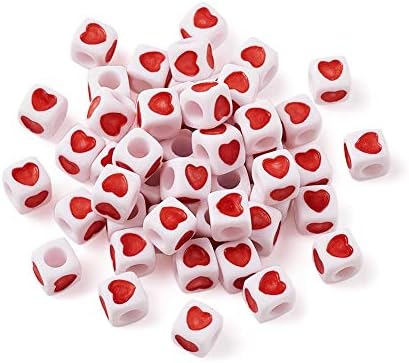 Pandahall 200 бр. Бели Розови Акрилни Мъниста във формата на Сърце С Голяма Дупка, Кубическое Сърцето си за Любовта,