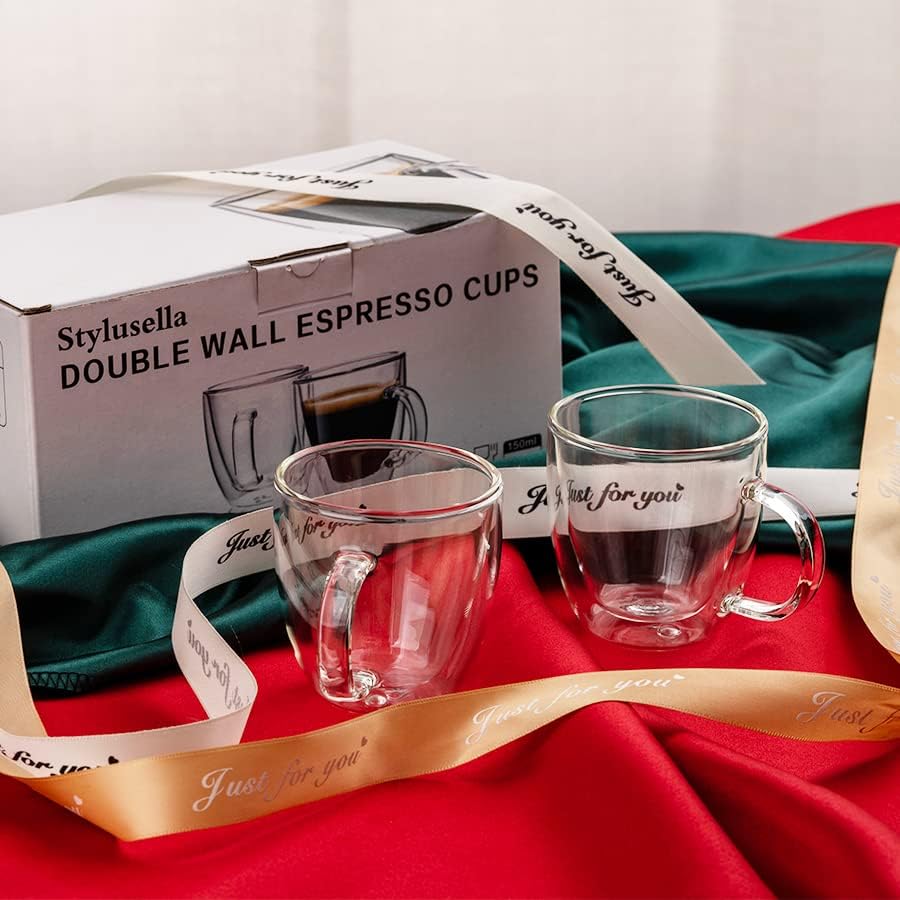Чаши за кафе Stylusella от стъкло с двойни стени, 5 мл / 150 мл, Комплект от 2 Кафеени чаши, Чаши за Еспресо