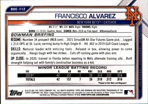 Боуман Хром Драфт 2021 #BDC-112 Франциско Алварес, начинаещ Ню Йорк Метс МЕЙДЖЪР лийг бейзбол, Бейзболна картичка