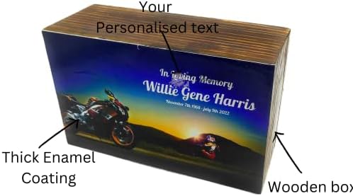 Покрит с емайл Урна за човешкия Пръст с Дървена Мотоциклетът Похоронная Урна за Кремация с Потребителски текст (Голяма (180 cc