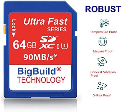Технология BigBuild 64 GB Бърза SDXC карта с памет 90 MB/s, съвместим с фотоапарати Sony Alpha A5000/A5100,