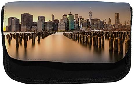 Молив случай за моливи Lunarable New York Manhattan Skyline Бруклин, Текстилен молив случай за Моливи с двоен цип, 8,5 x 5,5,