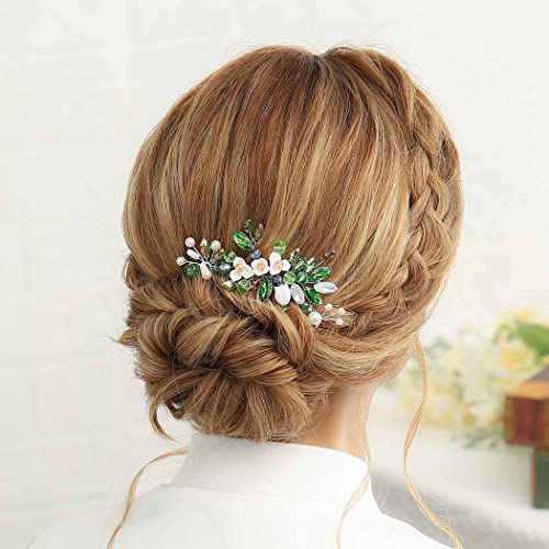 Сватбени Фиби за коса с цветя Casdre, Сребристо-Зелени Планински Кристал, Сватбени Аксесоари за косата на Булката, Перлени