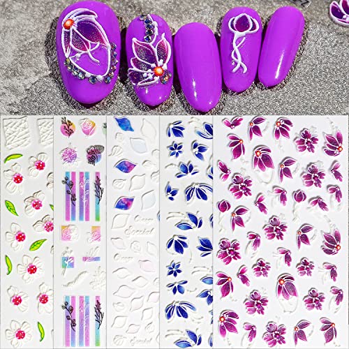 WOKOTO 5 Листа 5D Стикери за нокти Цветя Етикети за Дизайн на ноктите, Самозалепващи Релефни Флорални Стикери