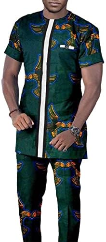 DEWUFAFA Луксозен Африкански костюм за мъже, комплект дрехи с Флорални принтом, Къс ръкав и Панталон, Плюс размери,