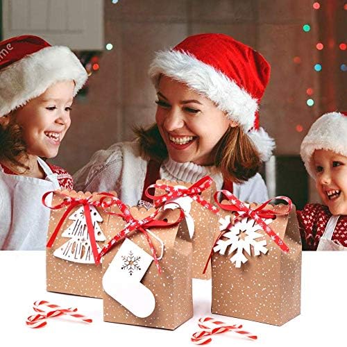 OurWarm 12 бр. Коледни Пакети за предложения, Коледни крафт-подаръчни пакети с коледни бирками и панделки, Коледни