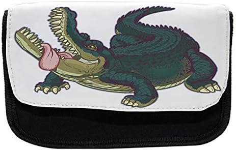 Молив случай от крокодилска кожа Ambesonne, Графичен Фигура на Дивия Алигатор, Тъканно Чанта за Моливи с Двоен