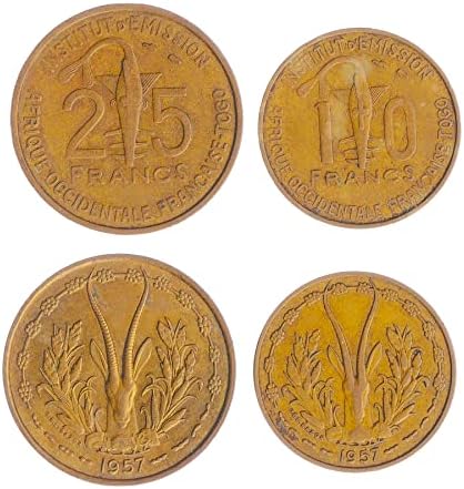 2 Монети от държави от Западна Африка | Колекция от западна африка монети 1 25 франка | В обращение 1957 | Риба-трион