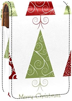 Коледна Картичка, коледно дърво, Зелено,Червено Калъф за Червило, Кутия за Червило, Държач с Огледало за Портфейла,