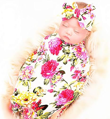 3 Комплекта одеяла за новородени и превръзка на главата, комплект за свободни с флорални принтом, бебешки одеала с цветен модел за момичета и момчета.