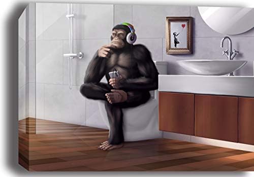 Blanche Gifts Черно-бял dj Banksy, Мислене Маймуна, Седнала на седалката на тоалетната чиния, монтиран на стената принт на платно – Опъната на дървена рамка и е готов да бъде о