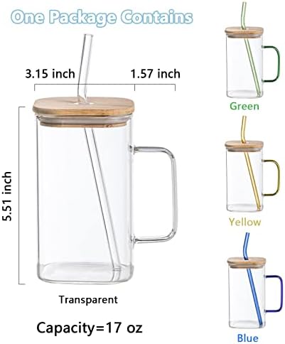 Стъклени Чашки INSETLAN С капаци и соломинками, 4 Чаши на 17 унции с бамбукови капаци и Стъклени соломинками, Стъклена Чаша