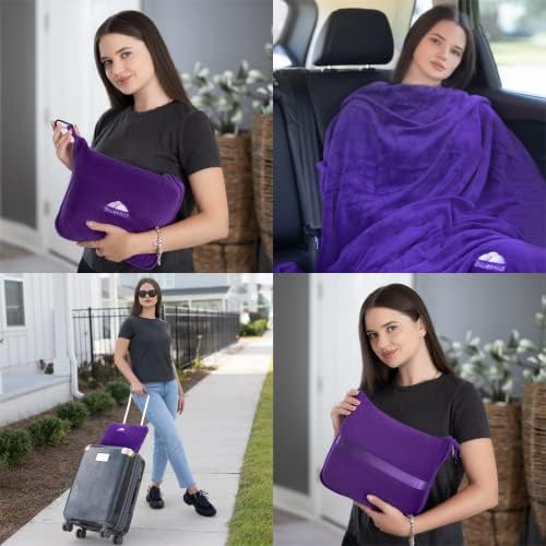 BlueHills Висококачествено меко плюшевое пътното одеяло Value Pack, комплект от 3 стоки, необходими за полет в самолет, в джоба с каишка, компактен подарък за пътуване в кола,