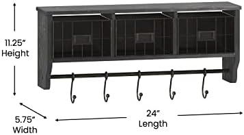 Монтиране на Багажник за съхранение на Flash Furniture Daly - Масив Бор с черна измиване - 24 инча - за Горен рафт - 5 куки - Телена Кошница - За антре, кухня, Баня