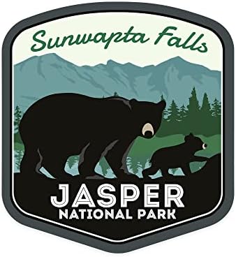 Вырезанная стикер Национален парк Джаспър, Канада, Водопад Санвапта, Черна Мечка и малко, Contour Vinyl стикер 1-3 инча