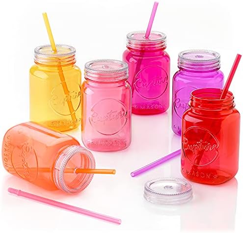Стъклени чаши Cupture Acrylic Mason Jar с капаци и соломинками - 20 грама, 6 опаковки (Прозрачен)