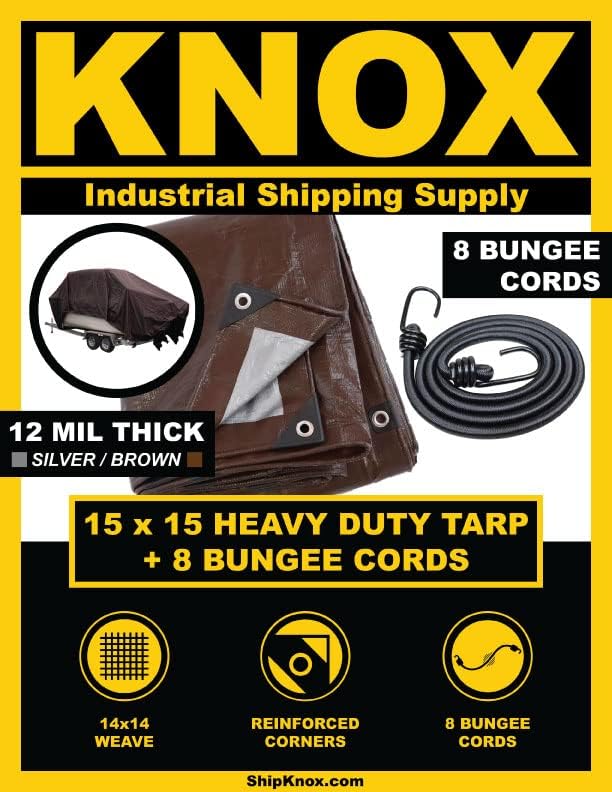 Марка Knox - 12-мм пластмасова брезент, сверхпрочный, Сребристо-кафяв, комплект бандажи, Подсилени ъгли, Алуминиеви люверсы,