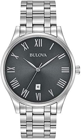 Мъжки Класически Кварцов часовник Bulova от Неръждаема стомана с 3 Стрелки-Календар, Сив циферблат с римски цифри,