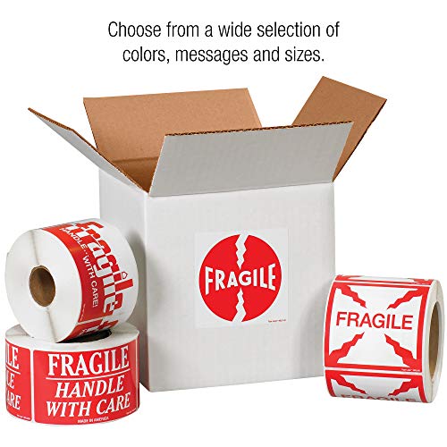 Aviditi Tape Logic 4 х 4, Червено-бялата предупредителен стикер Чупливо, За транспортиране, преработка, опаковане и преместване (1 Ролка от 500 на етикети)