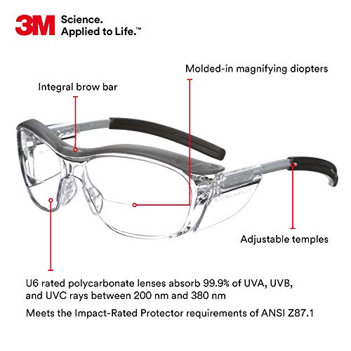 Защитни очила с ридерами 3M, Ридеры Nuvo, + 2,0 Диоптъра, ANSI Z87, Прозрачни лещи, Сиви рамки, Мека переносица, Странични щитове