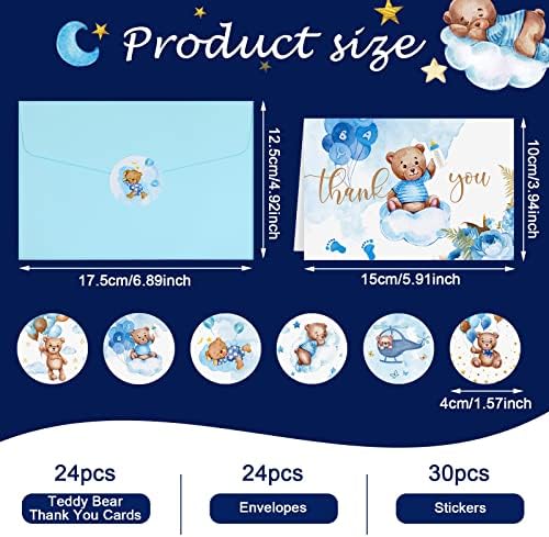 Tudomro 24 Опаковки Мечи Благодарственных картички за бебе душ с Конвертами и стикери, Набор от Сини Детски Благодарственных