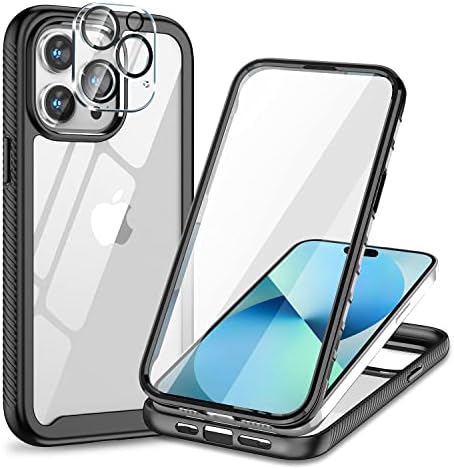 Калъф Bkrtondsy за iPhone 14 Pro Max Clear Crystal Slim [3 В 1] с предпазни стъкла от закалено стъкло за дисплея и обектива на камерата [Военен устойчив на удари] (прозрачен)
