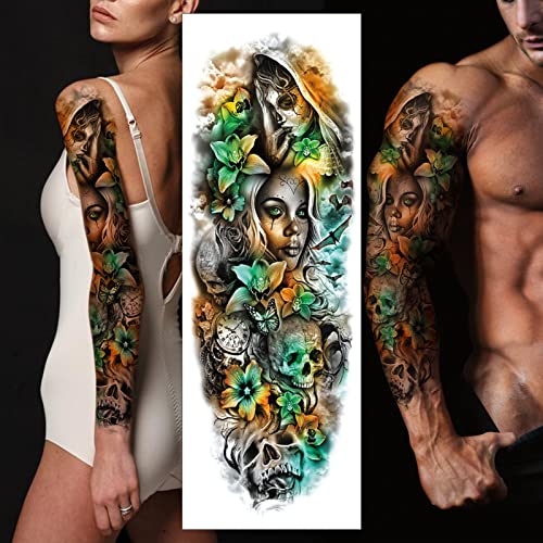 Временна Татуировка на Череп, Цветя, Мексико, Секси 3d Стикери с Фалшиви Татуировки, Много Голяма Водоустойчив Татуировка на цялата Ръка, Реалистична Татуировка за ?